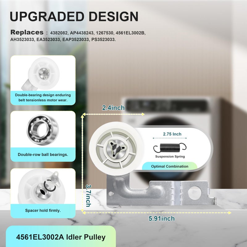BTNTVEN مجموعة إصلاح مجفف مطورة متوافقة مع مجففات LG Kenmore تشمل 4581EL2002C بكرة أسطوانة المجفف 4400EL2001A حزام المجفف 4561EL3002A بكرة التوتر والزنبرك استبدال 4400EL2001F 4581EL3001E 4581EL2002A - Image 4